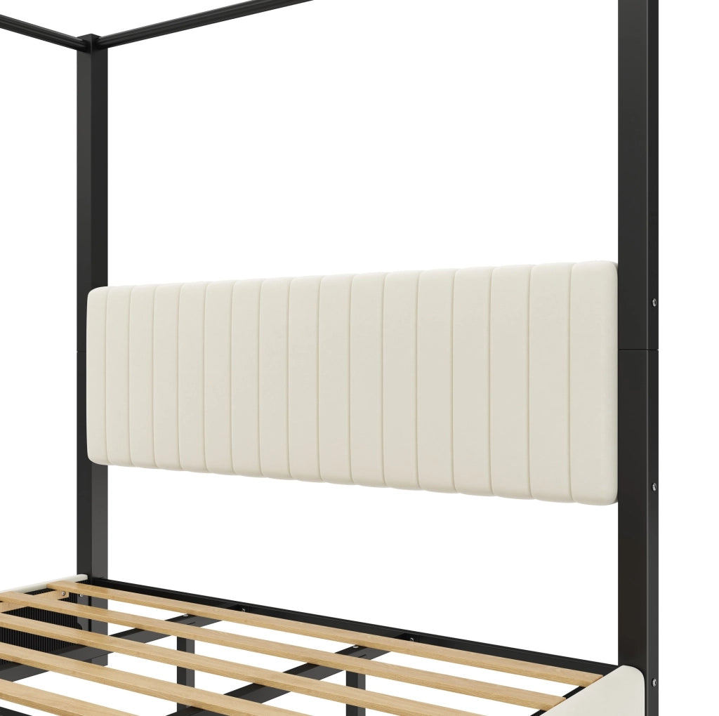 Letto a baldacchino imbottito 180x200 cm con testiera in velluto; beige e nero