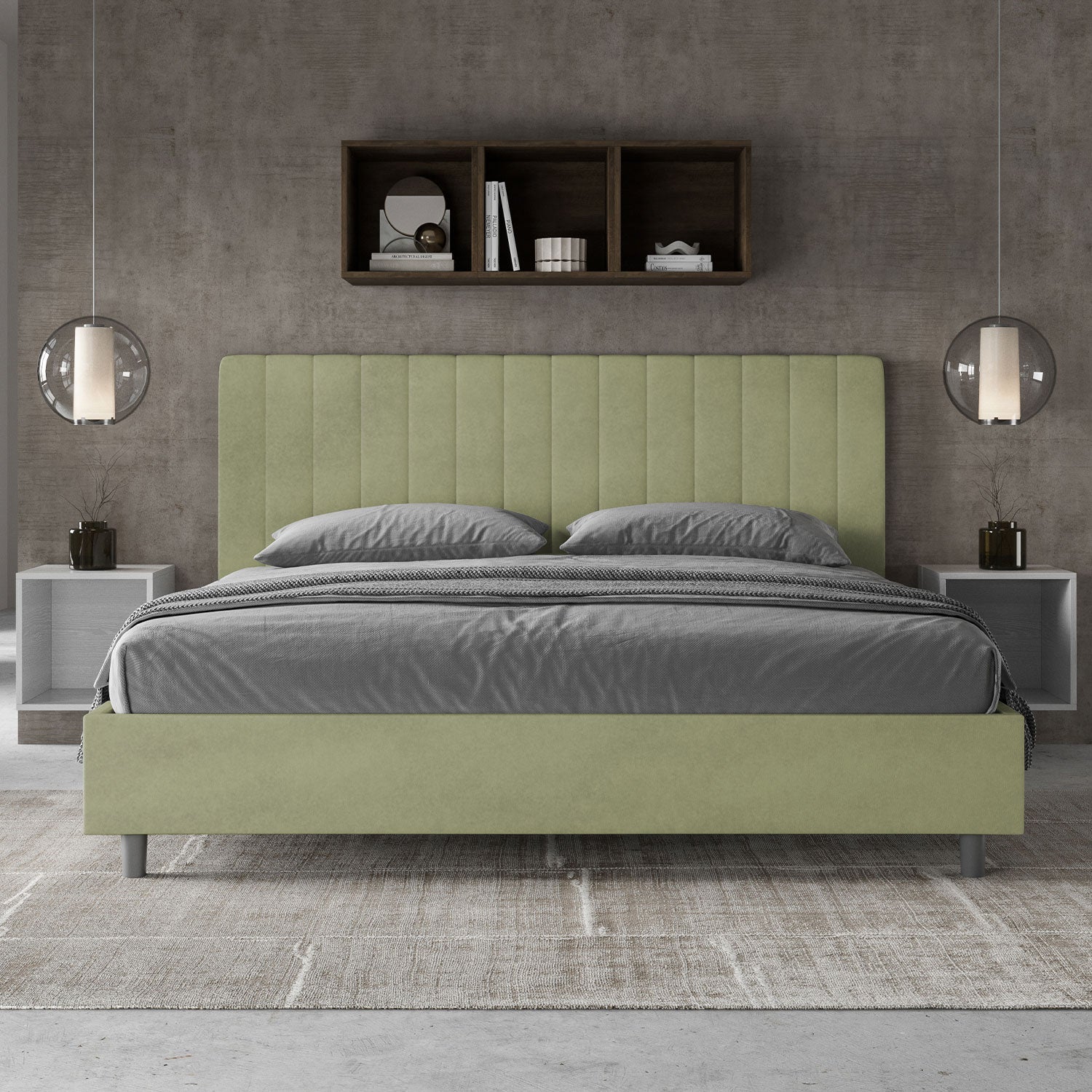 Letto Matrimoniale King Size 180x210 cm con Rete Imbottito in Microfibra Agueda Tè Verde
