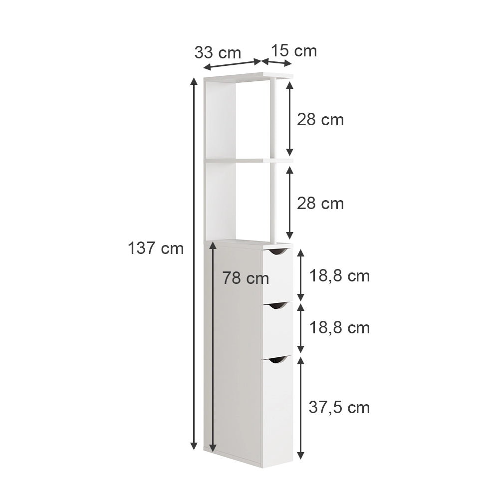 Vicco Mobile da bagno Bianco 15 x 137 cm con 3 cassetti