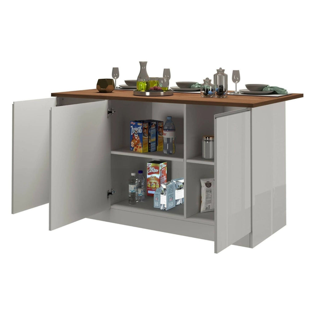Isola da cucina Tartaro, Tavolo ausiliario portaoggetti, Mobile da cucina a 3 ante, 100% Made in Italy, 155x90h90 cm, Bianco lucido e Rovere