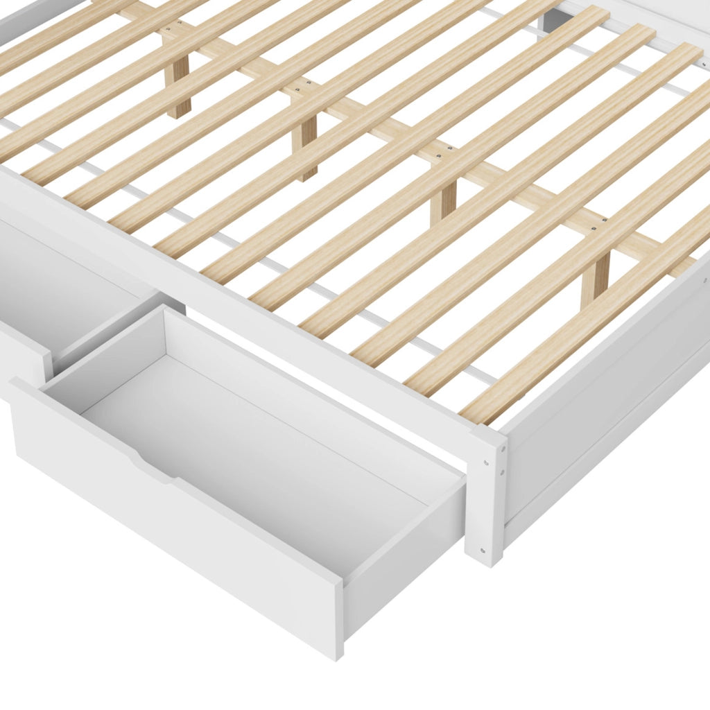 DESMIU Letto Divano 140 × 200 cm 1 posto con 2 cassetti, USB, LED dimmerabile e ripiano, senza materasso, in pino massiccio e MDF, bianco