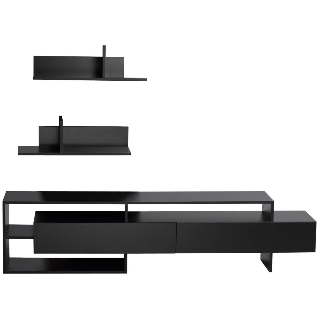 Mobile Porta TV Moderno con 2 Mensole in Legno. Mobiletto per Televisore con Vani Aperti e Armadietti. Nero
