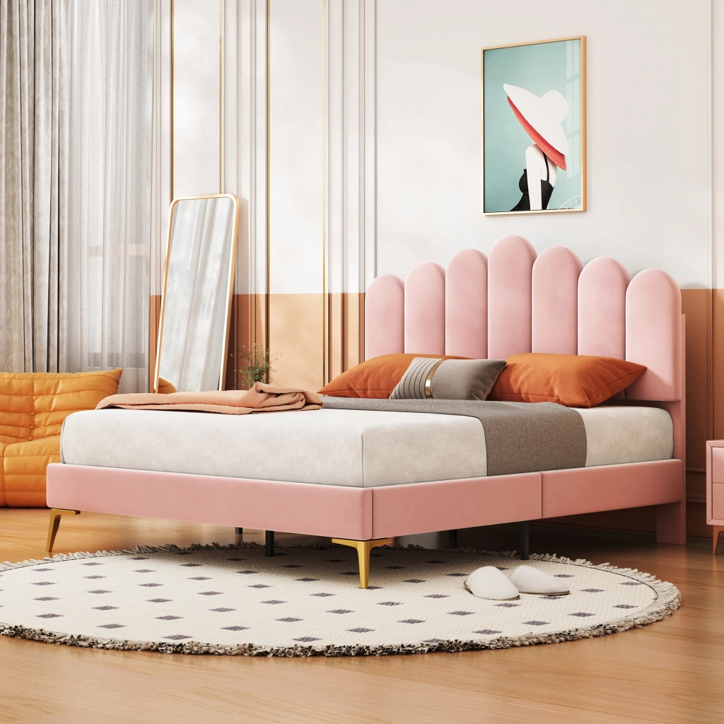 Letto imbottito matrimoniale 140×200 cm con testiera regolabile e rete a doghe; senza materasso; velluto rosa