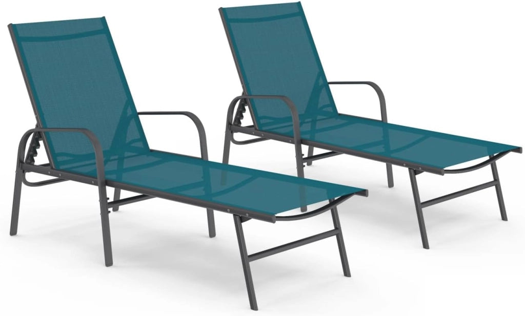 Set di 2 lettini da Giardino reclinabili FIDJI in Acciaio Grigio Antracite e Tessuto Blu Anatra