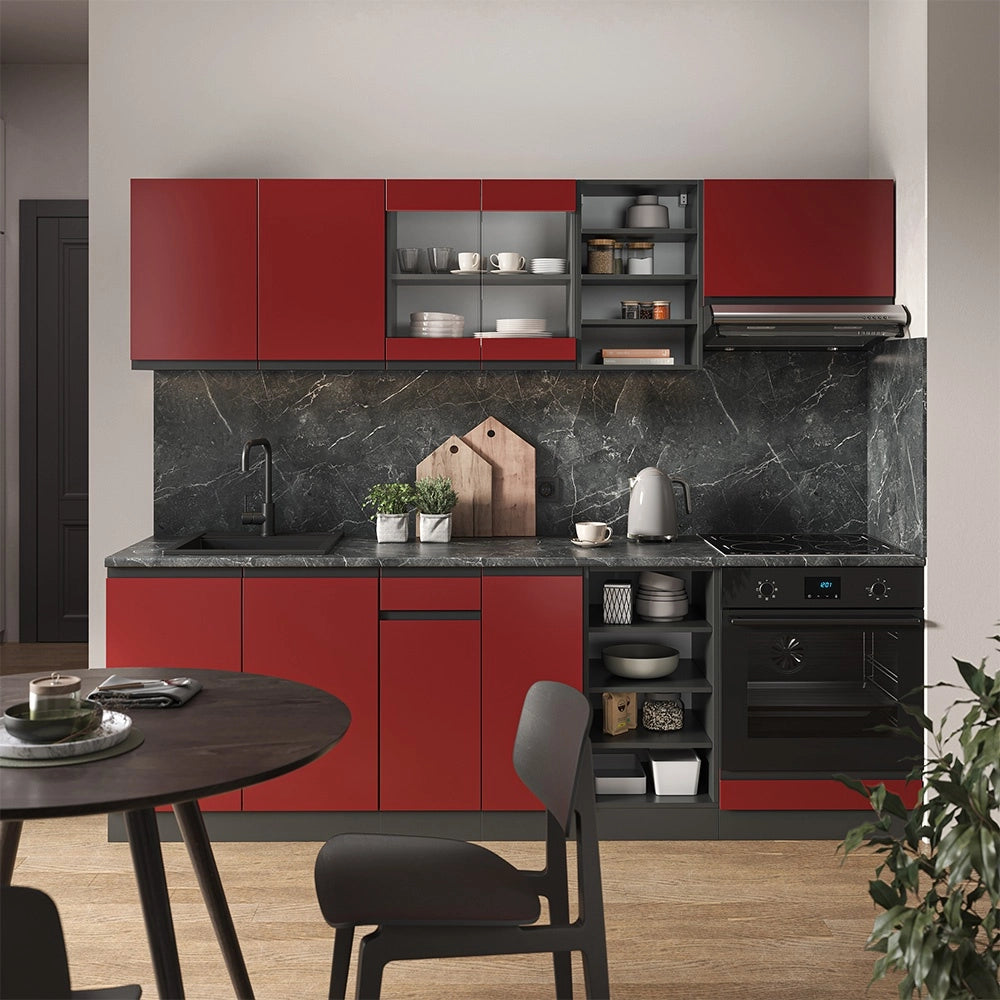 Cucina componibile R-Line Rosso/Antracite 240 cm J-Shape, PL Rovere Vicco