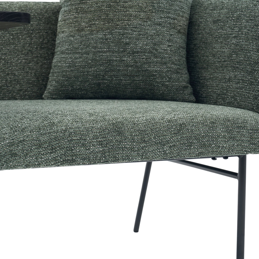 Poltrona moderna in chenille color smeraldo con tavolino laterale e tasche portaoggetti