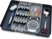 Organizzatore per posate, organizzatore da tavolo con estensione, organizzatore per oggetti in plastica e accessori, 28-49 cm x 39 x 5,5 cm, grigio.