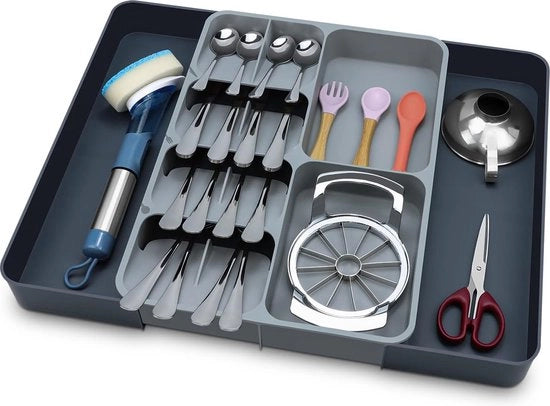 Organizzatore per posate, organizzatore da tavolo con estensione, organizzatore per oggetti in plastica e accessori, 28-49 cm x 39 x 5,5 cm, grigio.