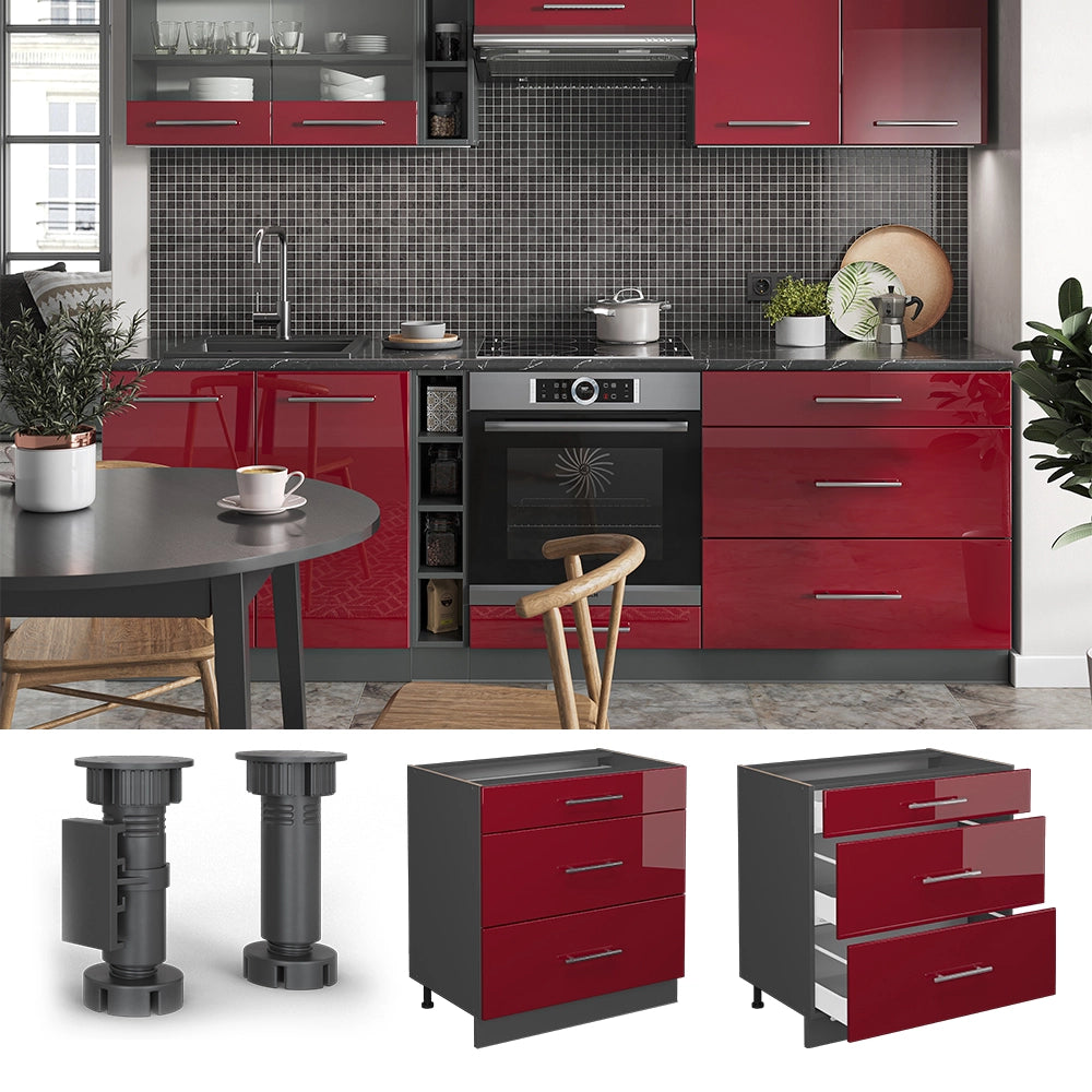 Mobiletto base per cucina Fame-Line Bordeaux lucido/Antracite 80 cm con 3 cassetti, PL Marmo Vicco