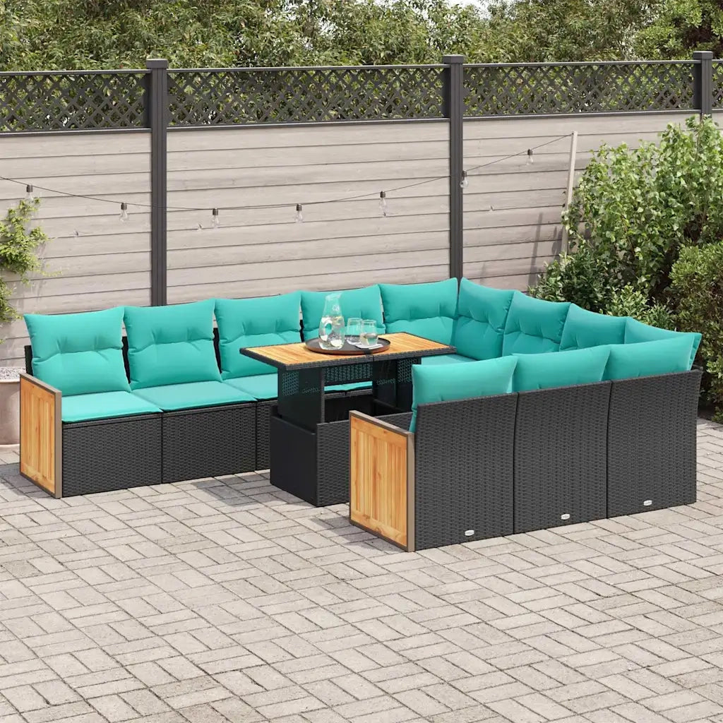 Set Divani da Giardino 11 pz con Cuscini Polyrattan Acacia Nero 3327760