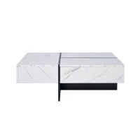 Tavolino Salotto Moderno con Sistema di Illuminazione a LED, Design in Marmo Sintetico con 3 Cassetti, 100x50x34.5 cm, Bianco