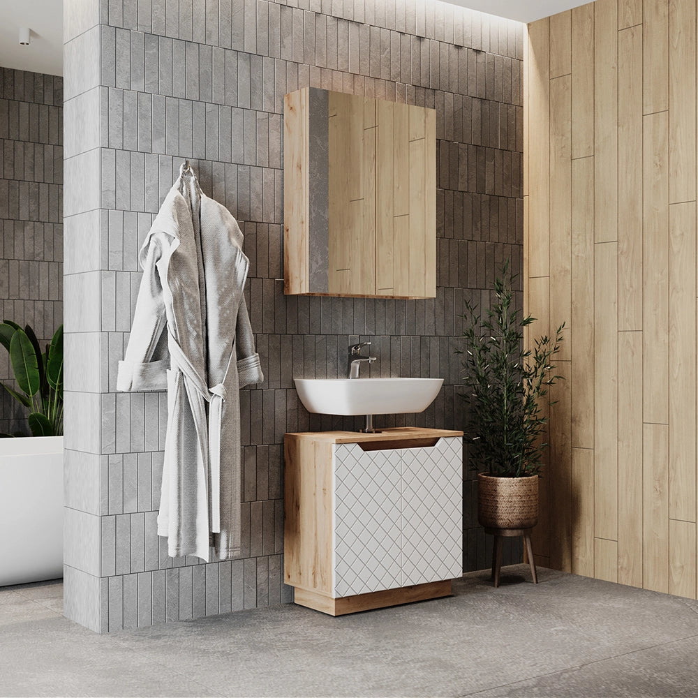 Vicco Set di mobili da bagno Rovere/bianco con struttura in piastrelle 2 parti