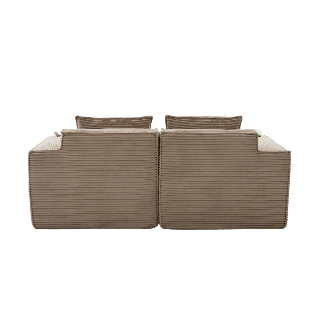 Divano modulare 2 posti in tessuto a coste con portabicchieri e tasche laterali comode khaki 188 × 162 × 75 cm