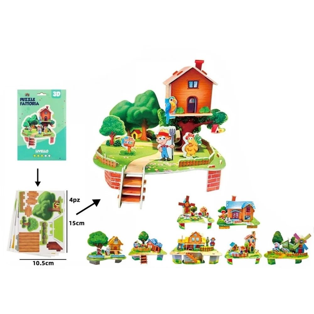Trade Shop - Kit 16pz Puzzle 3d Forma Casa Fattoria Per Bambini Costruzione Modellismo Fai Da Te 32394 -