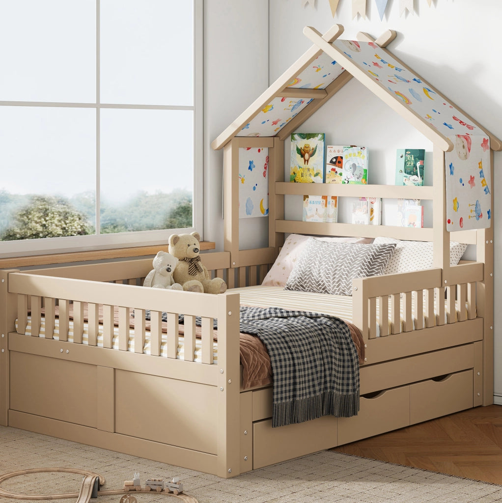 Letto a casetta 140x200 cm con letto estraibile; 3 cassetti e sponde di sicurezza; crema