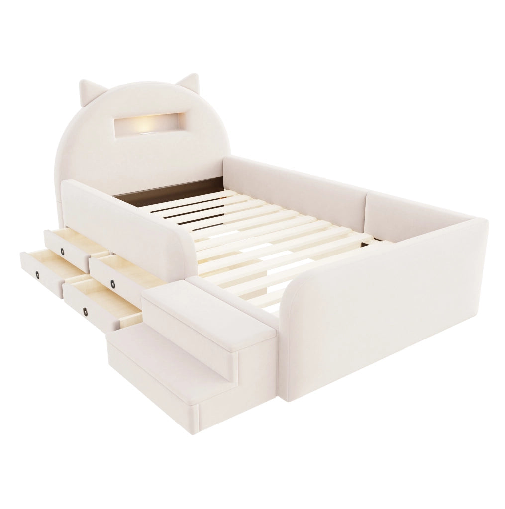 Letto imbottito per bambini 90x200 cm con contenitore; luce notturna e USB in velluto beige