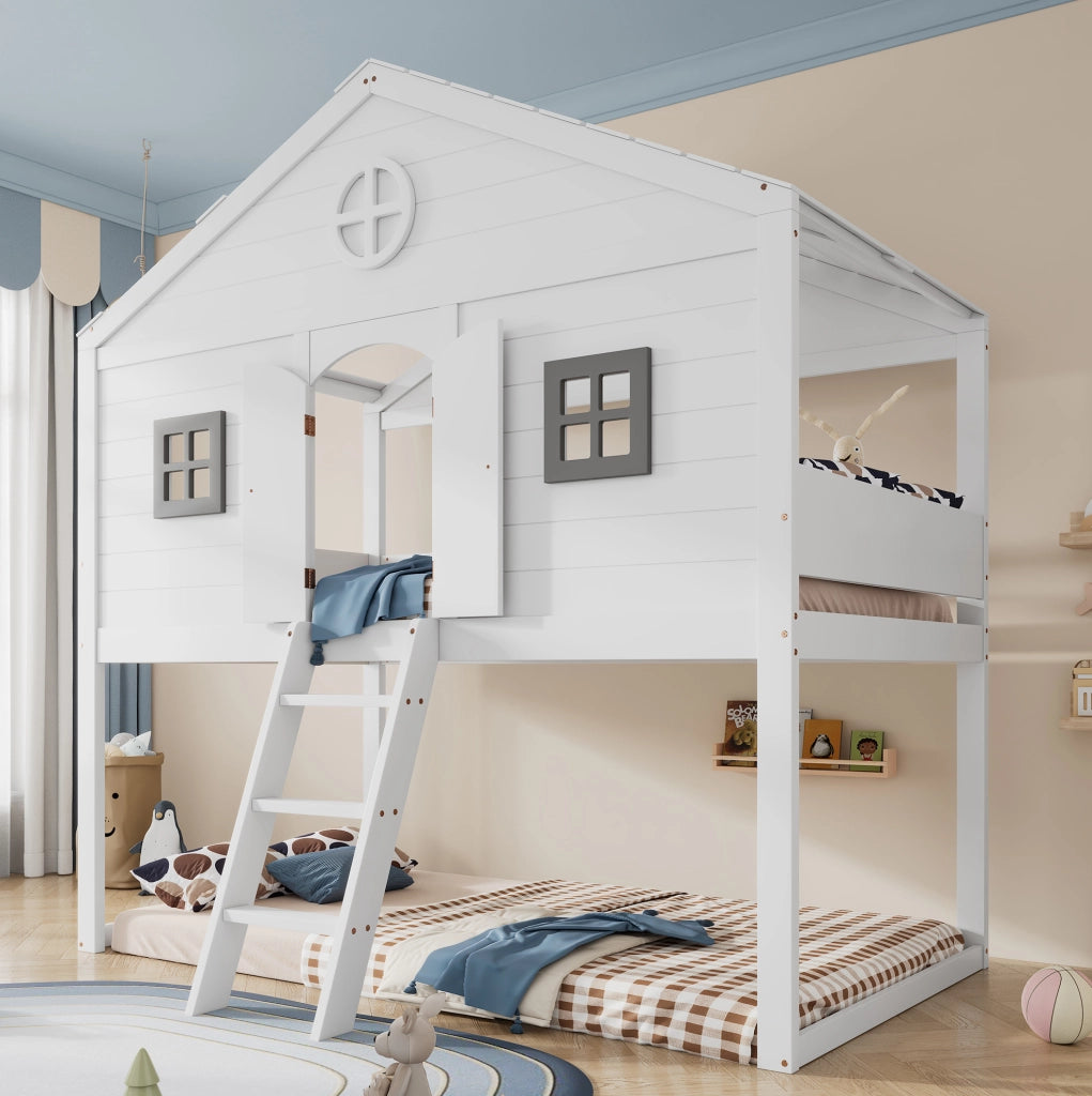 Letto a soppalco per bambini 90x200 cm bianco e grigio con scala e finestre
