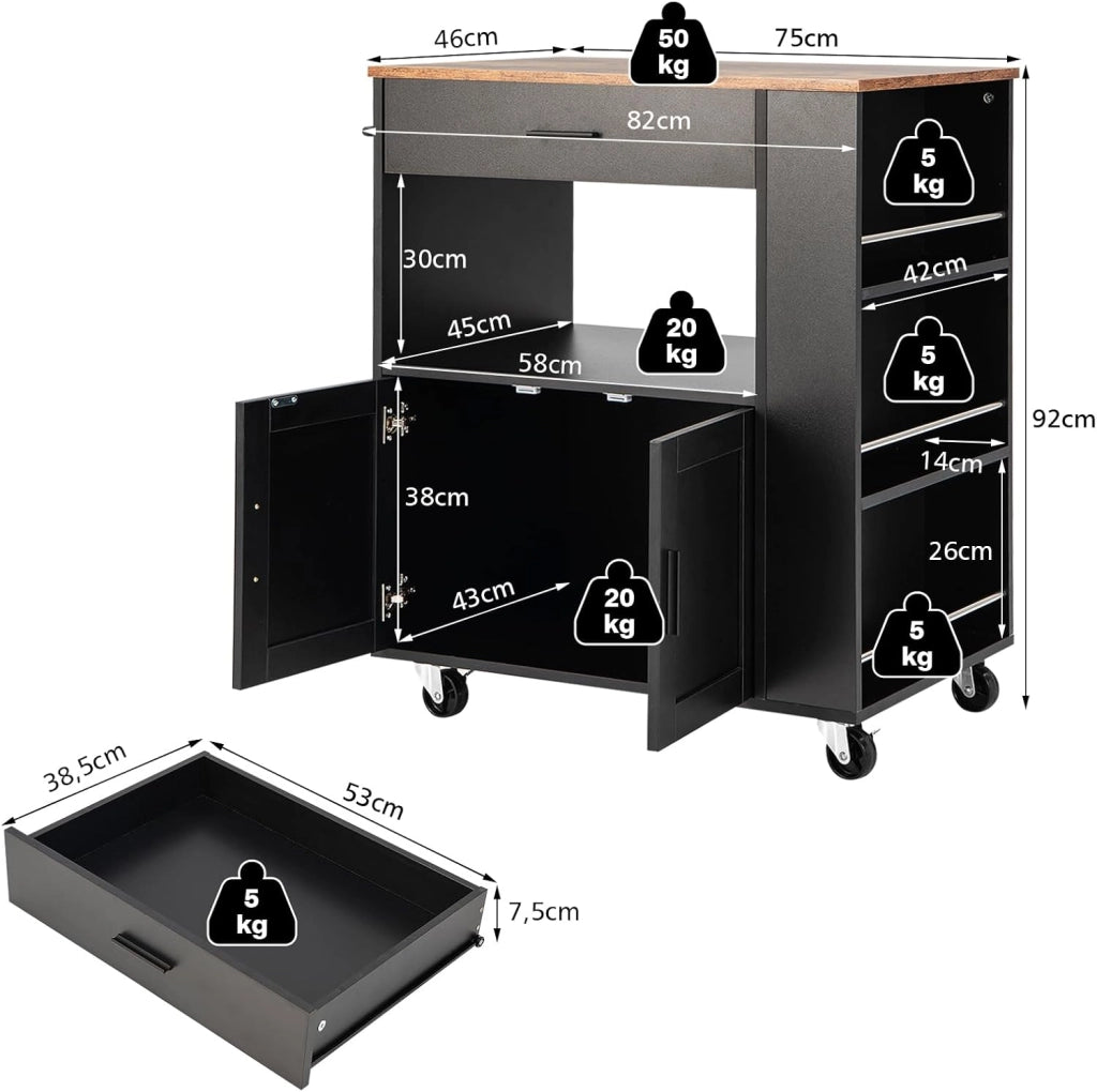 Carrello da Cucina con Ruote, Isola da Cucina con 3 Portaspezie 1 Cassetto Armadietto a 2 Porte, Carrello Portaoggetti con Portasciugamani, 82x46x92 cm (Nero)