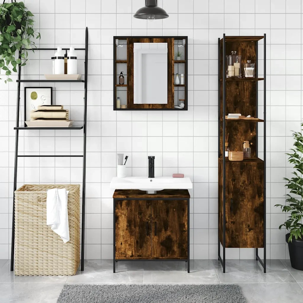 Set Mobili da Bagno | Armadio da bagno 3 pz Rovere Fumo in Legno Multistrato
