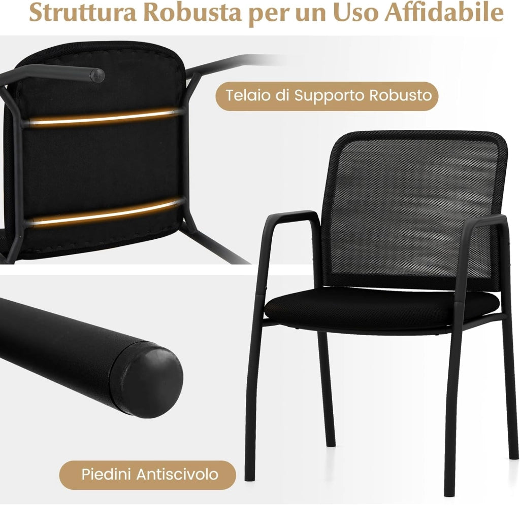 Set di 2 Sedie da Attesa, Sedia da Ufficio con con Schienale in Rete Ergonomico, Sedia da Conferenza con Braccioli e Sedile Imbottito, Portata 150 kg