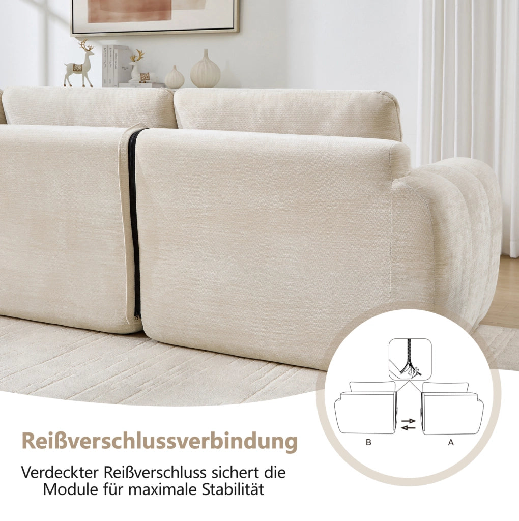 Divano modulare angolare a 3 posti con pouf 264x160x68 cm in chenille beige