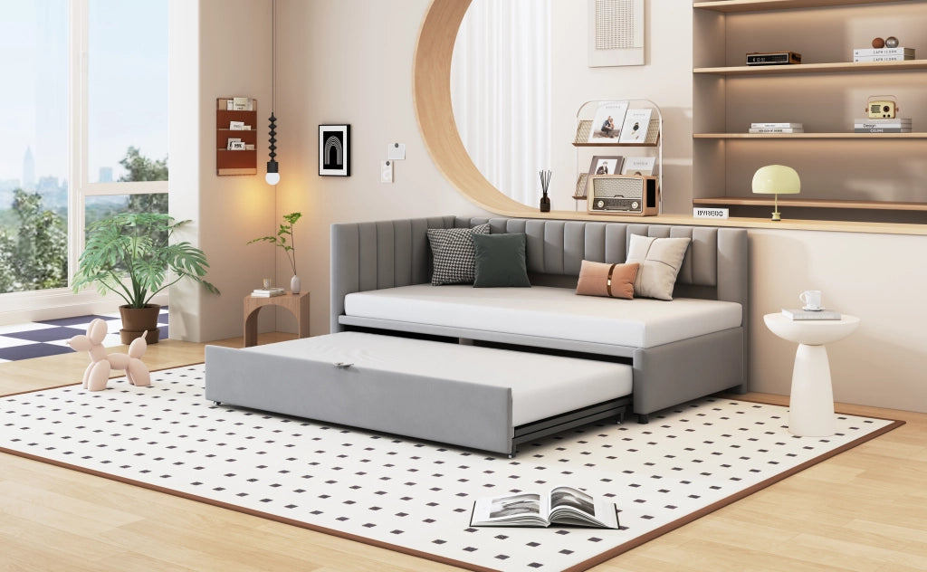 Divano letto a L con letto estraibile velluto grigio 90x200 cm