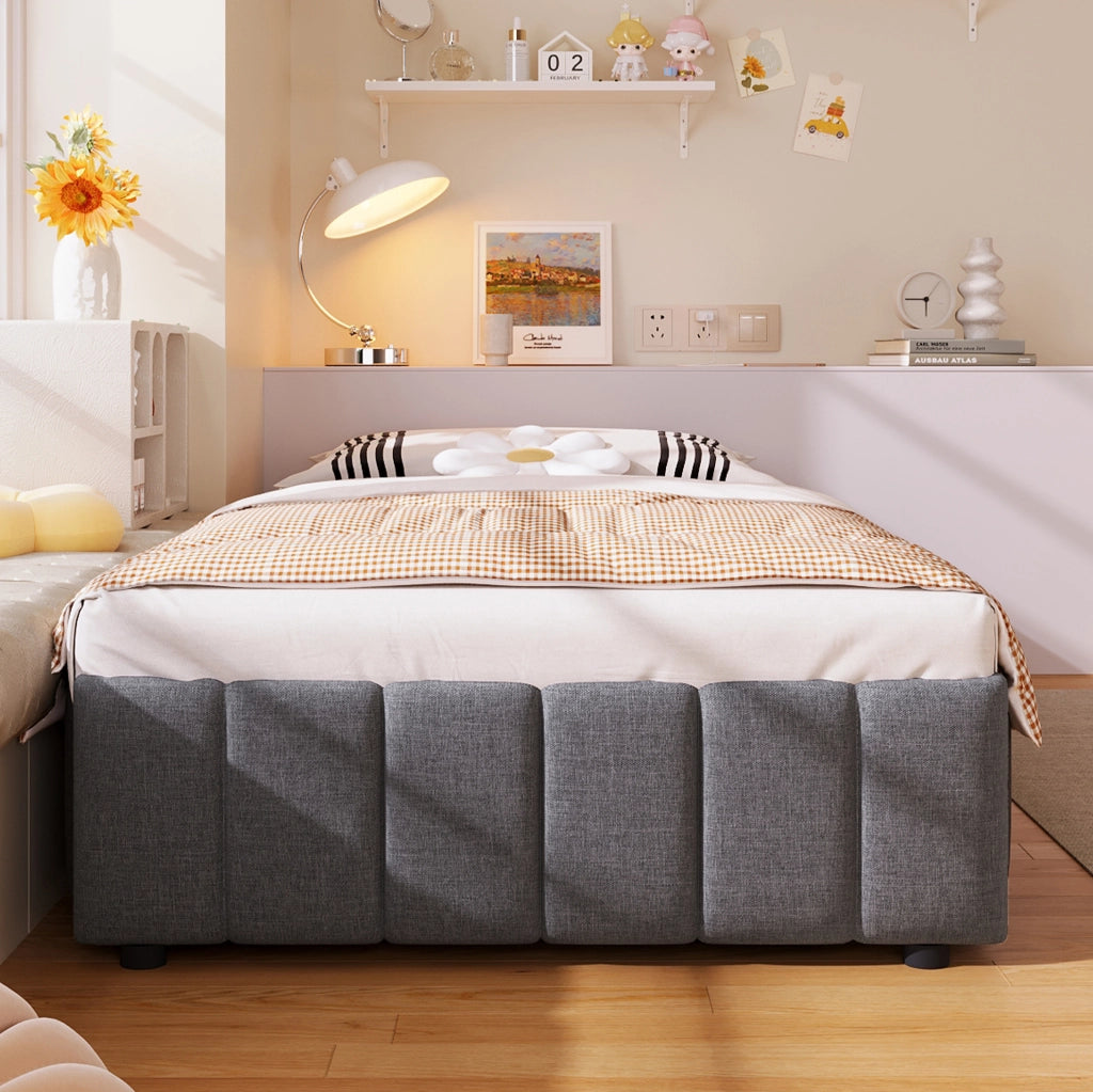 Letto singolo 90x200 cm con contenitore idraulico in lino e MDF; grigio