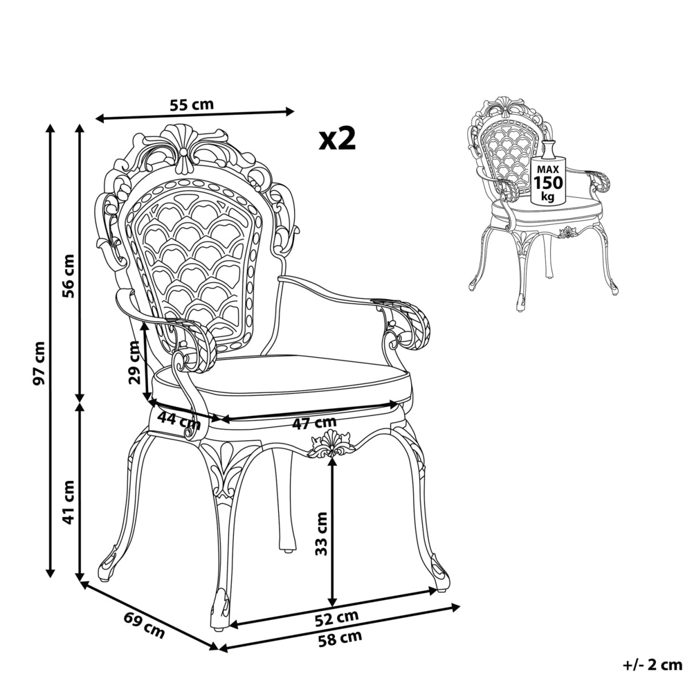 Set di 2 sedie da pranzo da giardino cuscini per sedili in poliestere alluminio marrone vintage