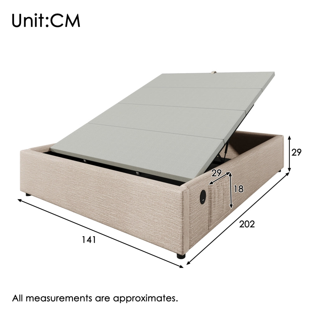 Letto matrimoniale contenitore 140x200 cm in lino; con USB e porta Type-C; beige naturale