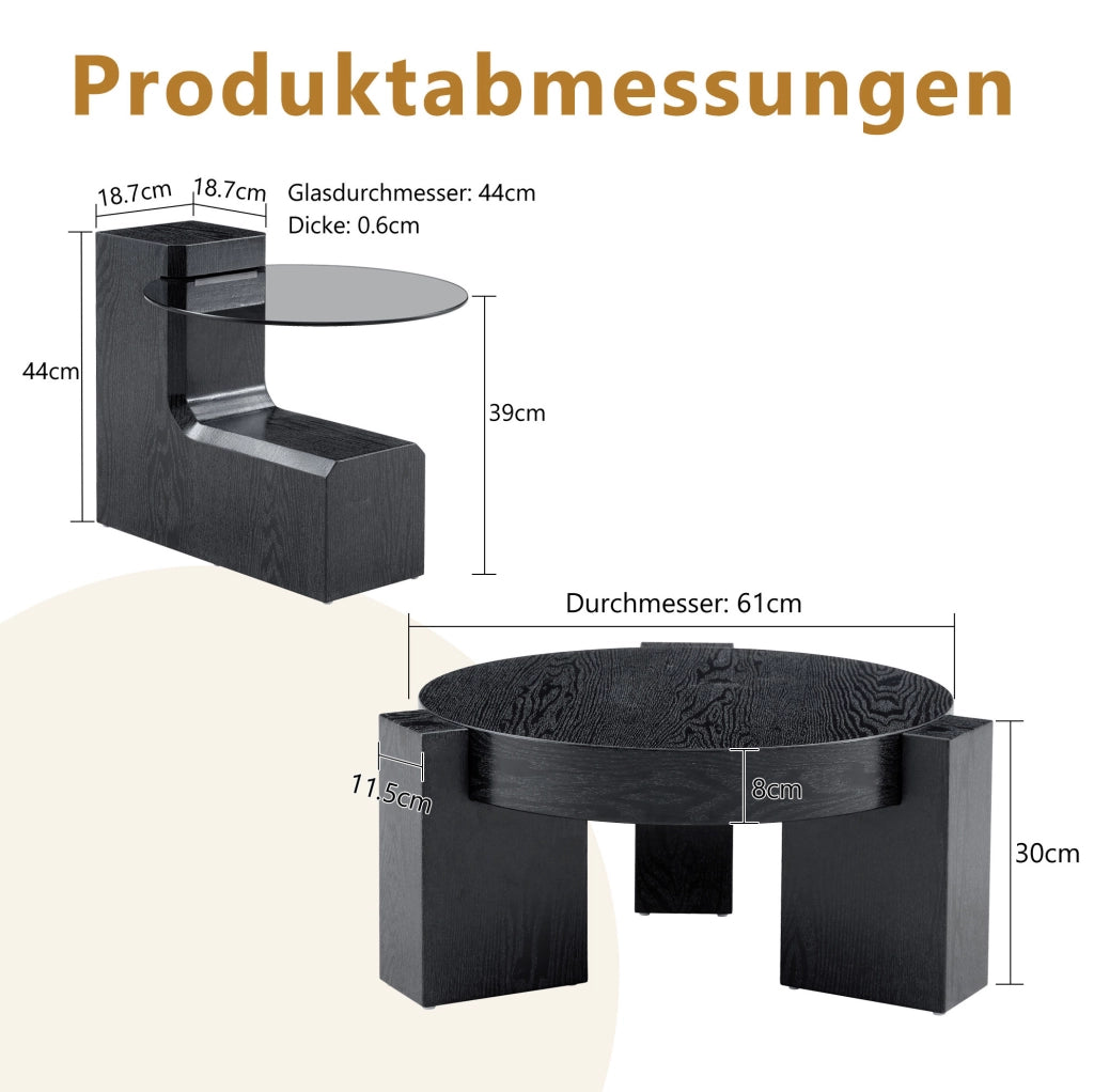 Tavolino da caffè rotondo a due livelli in MDF effetto legno nero e vetro grigio; 61 cm