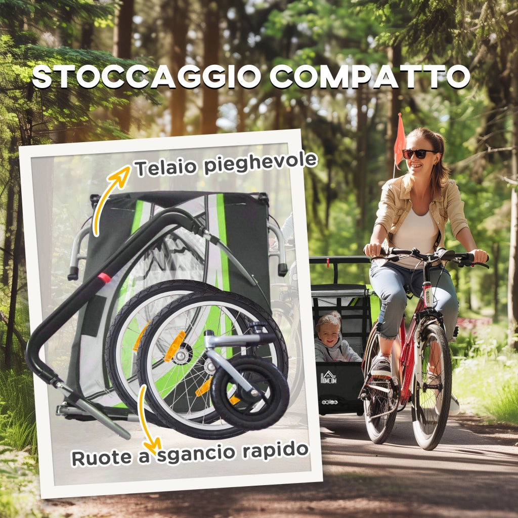 Rimorchio Bici per Bambini e Passeggino 2 in 1 con Cintura Tasche e Bandierina Verde