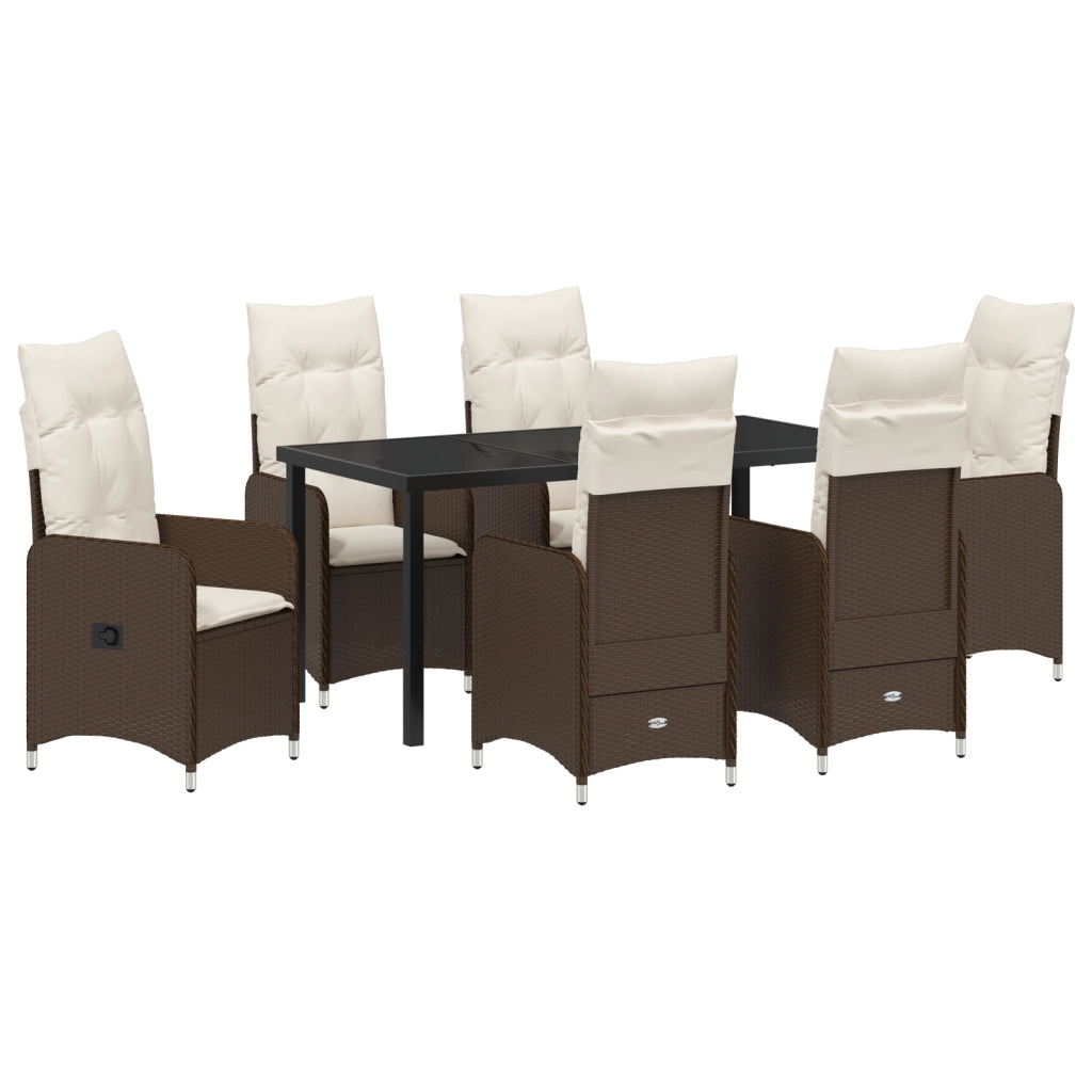 Set da Pranzo per Giardino 7 Pezzi con Cuscini Marrone in Polyrattan