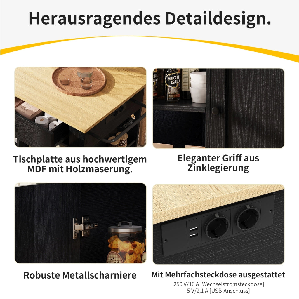 OKWISH Carrello da cucina con 2 Cassetti e 6 Vani, Piano Ribaltabile, Prese di Corrente e Portaasciugamani, per Cucina, MDF e Metallo, Nero e Naturale