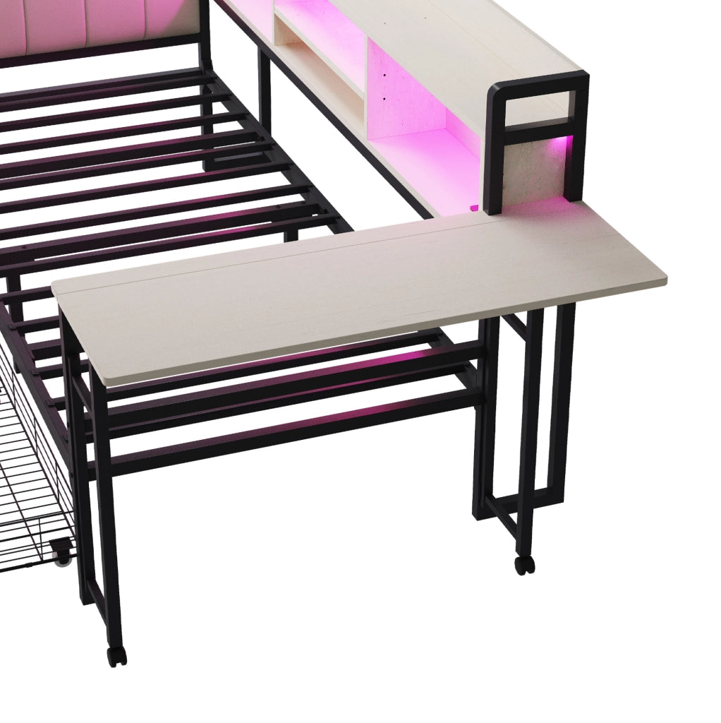 Letto multifunzione singolo 90x200 cm in metallo con LED; scrivania e cassetti; bianco