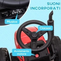 Trattore Elettrico per Bambini 3-6 Anni con Rimorchio Rimovibile, Batteria 12V e Telecomando, Rosso