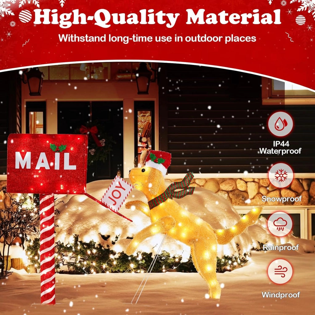 Decorazione natalizia, cassetta delle lettere con cane di Natale, 120 luci LED bianco caldo, telaio in metallo, picchetti, decorazione natalizia per interni ed esterni per giardino, soggiorno