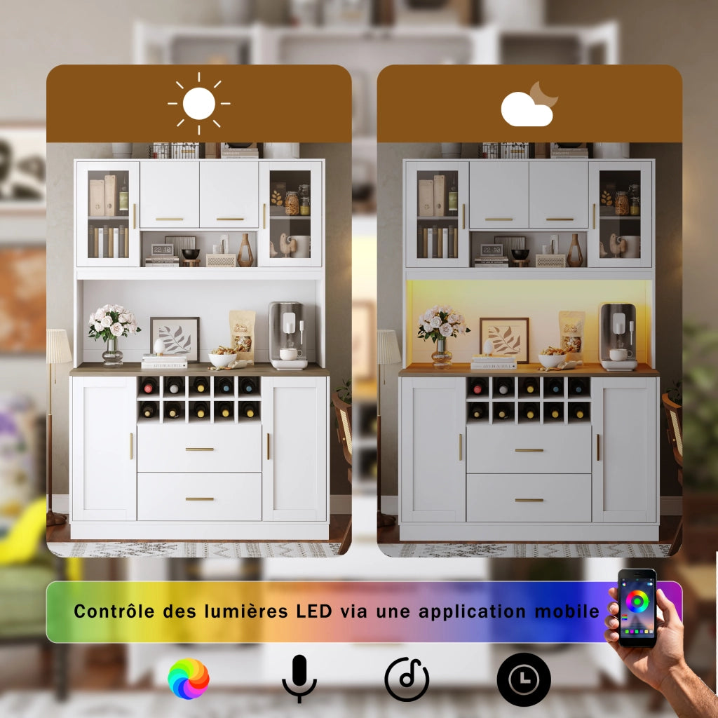 OKWISH Credenza da Cucina con 6 Ante e 2 Cassetti, Portabottiglie, LED e Prese USB, MDF, Bianco, 120×36,3×180 cm