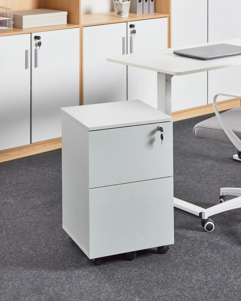 Armadietto in legno massiccio con 2 cassetti e ruote con serratura a chiave grigio chiaro design moderno