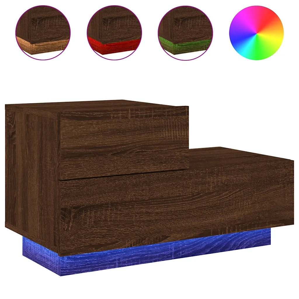 Comodino con Luci LED-Tavolino da notte Rovere Marrone 70x36x40,5 cm