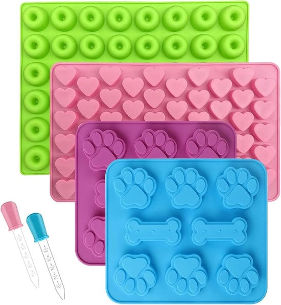 Tavolozze per cani - 4 pezzi - Forme in silicone - Pattini per cani - Biscotti al cioccolato - Cubetti di ghiaccio - Gel - Inclusi i pennelli per applicazione.