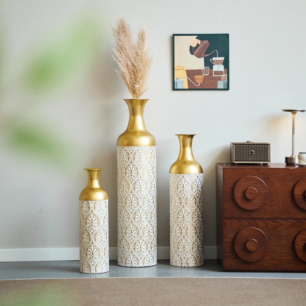 VASO DA TERRA Set da 3 pezzi 50/66/83 cm Metallo Oro/Bianco