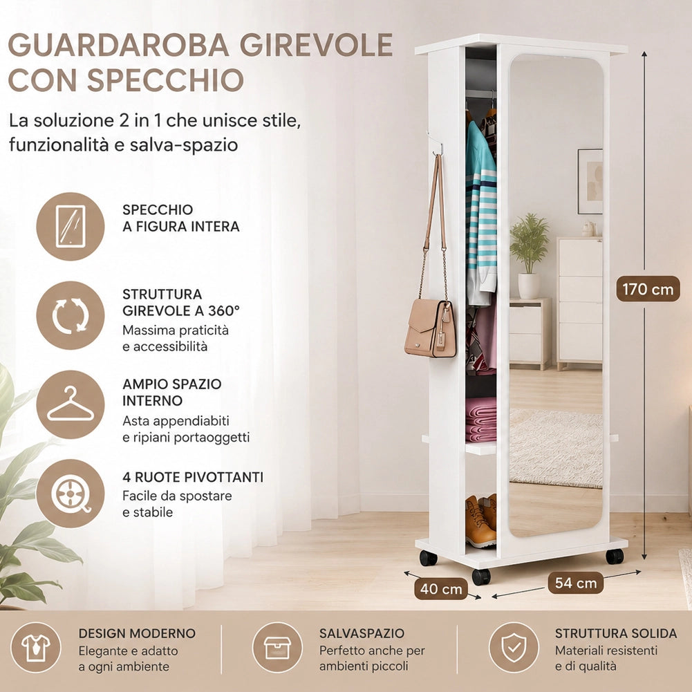 Guardaroba Girevole con Specchio e 4 Ruote Armadio Mobile 54x40x170 cm Bianco