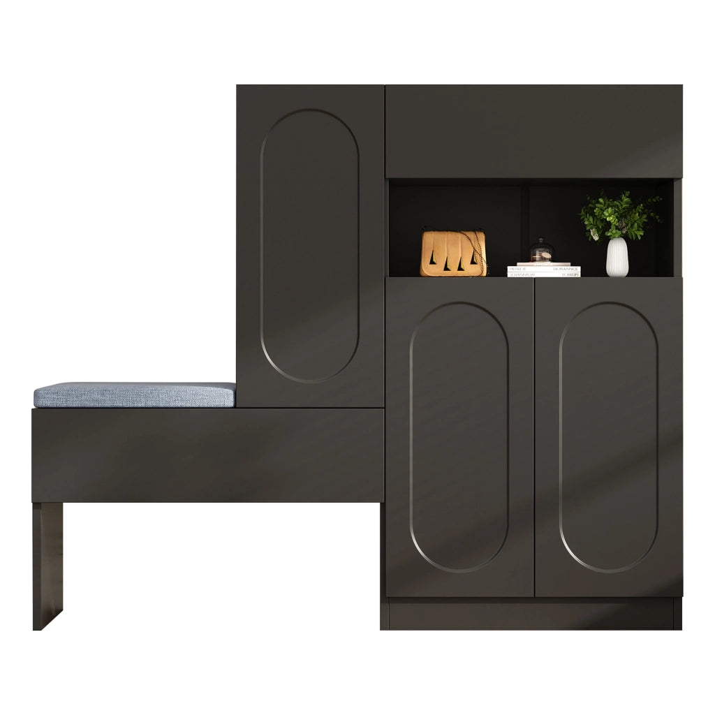 Scarpiera con Panca Imbottita e Ante a Ribalta Soft-Close ¨C MINIMAL ¨C Nero, ripiani regolabili, 130x35x110