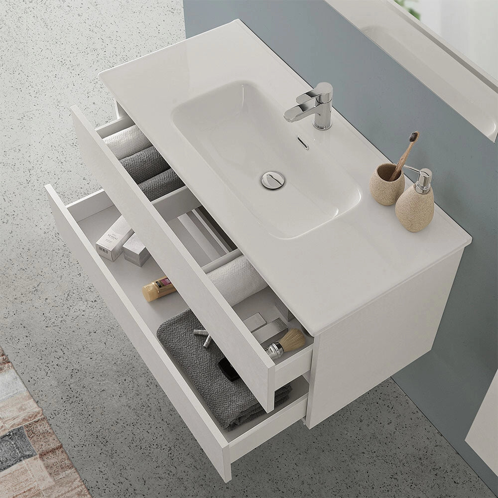 Mobile bagno sospeso 80 cm rovere bianco completo con lavabo Nadia