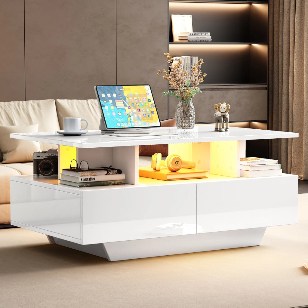 Tavolino da caffè 90x55x41 cm; con illuminazione LED e 2 cassetti; truciolato; bianco