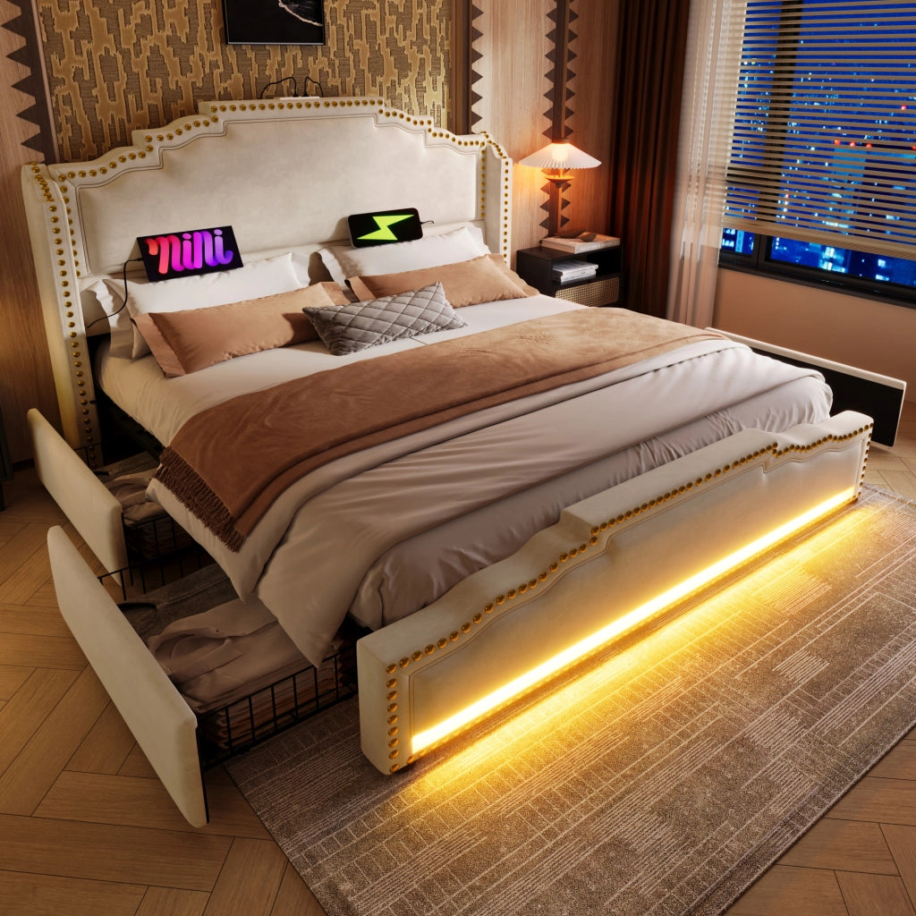 Letto matrimoniale imbottito ULEVR 140x200 cm con 4 cassetti, LED, USB e Type-C, velluto beige con materasso