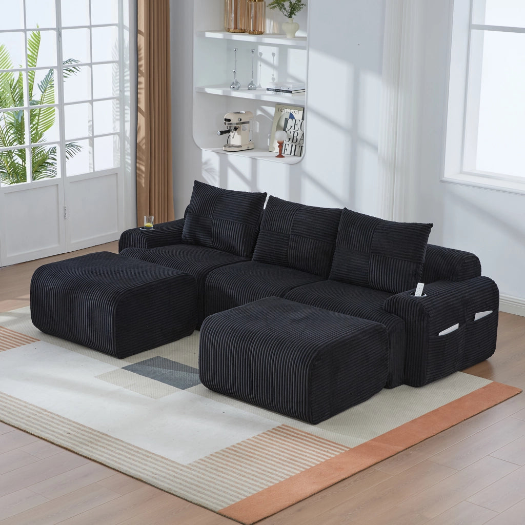 DIVANO Modulare a 3 posti in velluto a coste nero, 268x174x66 cm