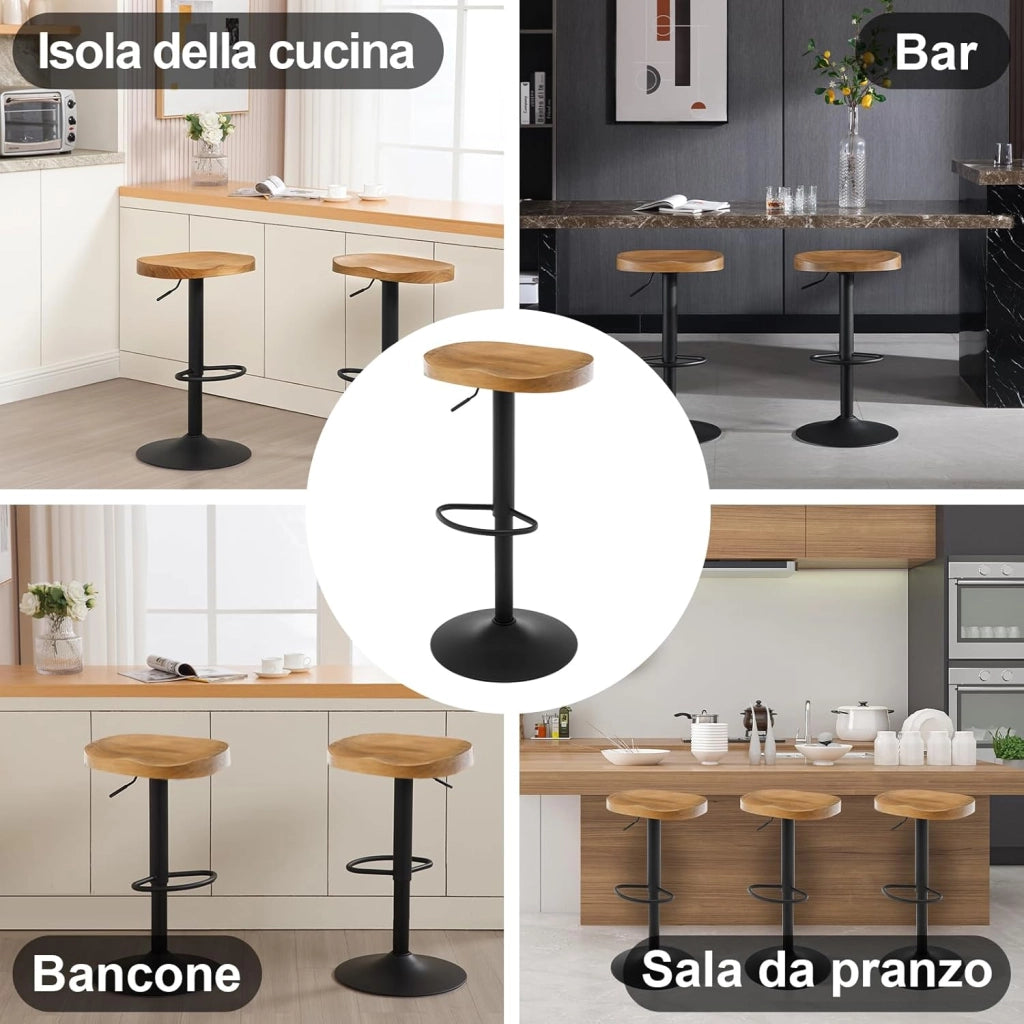 Sgabelli da Bar Set di 2, per Colazione in Legno Massiccio, Sgabelli Cucina a Sella, Altezza Regolabile, Sgabelli Girevoli a 360° con Poggiapiedi, legno scuro,BH413dc-2