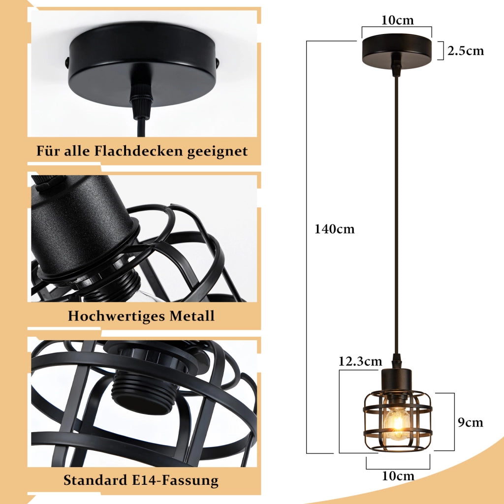 Lampada a sospensione ZMH vintage in metallo nero 1 lampada altezza regolabile 140 cm lampadina non inclusa