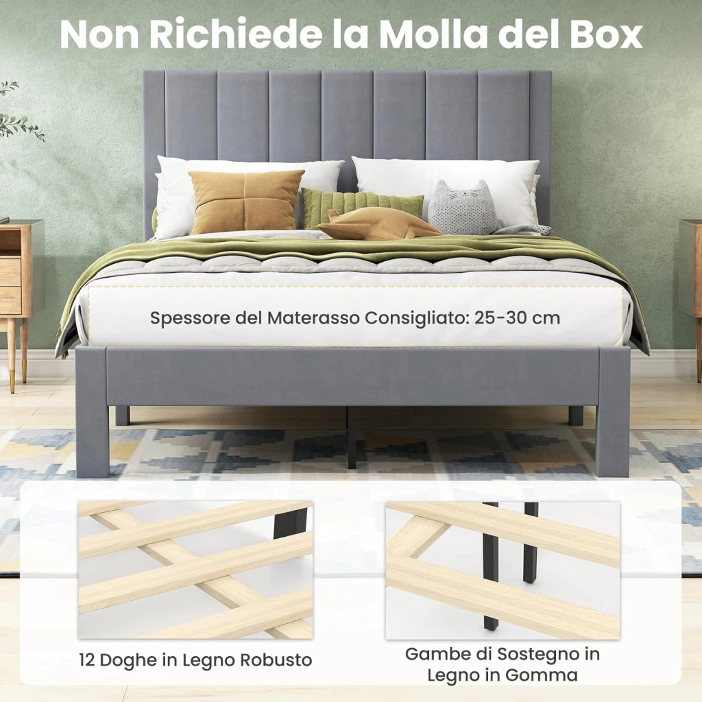 Struttura Letto Imbottito Matrimoniale 140x200 cm, Letto Piattaforma Imbottito, con Testiera in Morbido Tessuto di Velluto e Supporto a Doghe di Legno, Silenzioso, Carico 250kg (Stile 2)